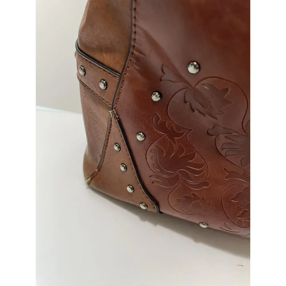 Lavawa Western Tooled Embossed Satchel Handbag Studded Boho Cowgirl READ